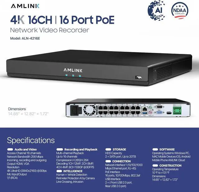 Alt view image 7 of 7 - AMLINK 12MP 16CH AI NVR (8-Port PoE), Smart NVR, Human Detection & Vehicle Detection - Supports 16 x 12MP IP Cameras, Supports 1 x 20TB HDD (Not Included) ALN-4216E