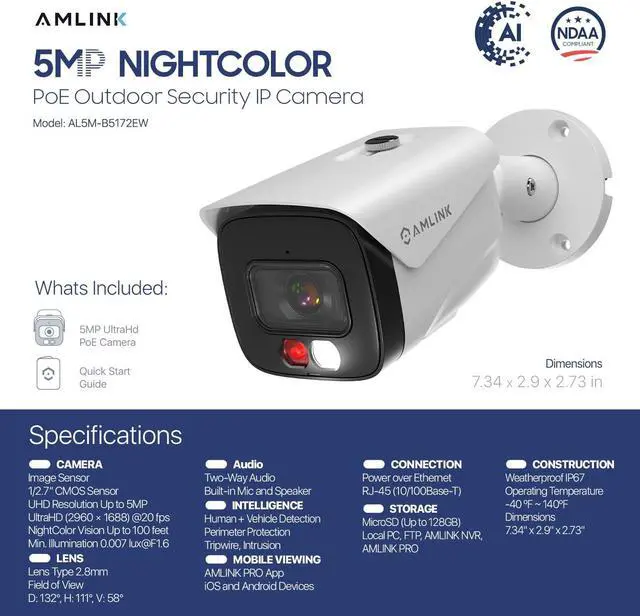 Alt view image 7 of 7 - AMLINK 5MP Security AI IP PoE Camera, Night Color 100ft, Human/Vehicle Detection, NDAA Compliant, Indoor Outdoor Surveillance Bullet, 2-Way Audio, Support 256GB MicroSD, Deterrent, 20fps AL5M-B5172EW