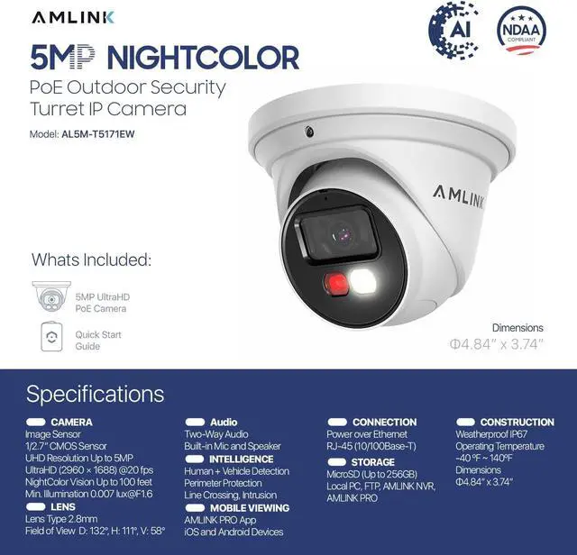 Alt view image 7 of 7 - AMLINK 5MP Security AI IP PoE Camera, Night Color 100ft, Human/Vehicle Detection, NDAA Compliant, Indoor Outdoor Surveillance Turret, 2-Way Audio, Support 256GB MicroSD, Deterrent, 20fps AL5M-T5171EW