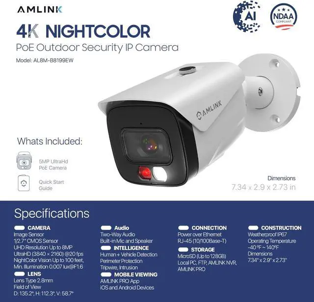 Alt view image 7 of 7 - AMLINK 4K/8MP Security AI IP PoE Camera, Night Color 100ft, Human/Vehicle Detection, NDAA Compliant, Indoor Outdoor Surveillance Bullet, 2-Way Audio, Support 256GB MicroSD, Deterrent, AL8M-B8199EW