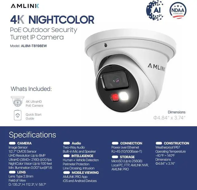Alt view image 7 of 7 - AMLINK 4K/8MP Security AI IP PoE Camera, Night Color 100ft, Human/Vehicle Detection, NDAA Compliant, Indoor Outdoor Surveillance Turret, 2-Way Audio, Support 256GB MicroSD, Deterrent, AL8M-T8198EW