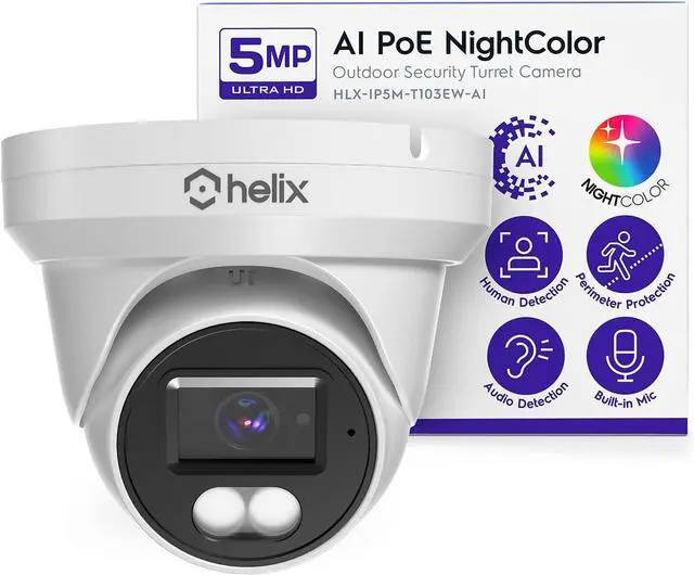 Main image of Helix 5MP Security AI IP PoE Camera, 98ft Night Color, Human Detection, NDAA Compliant, Indoor Outdoor Surveillance Turret, Built in Mic, Support 256GB MicroSD, Deterrent, HLX-IP5M-T103EW-AI