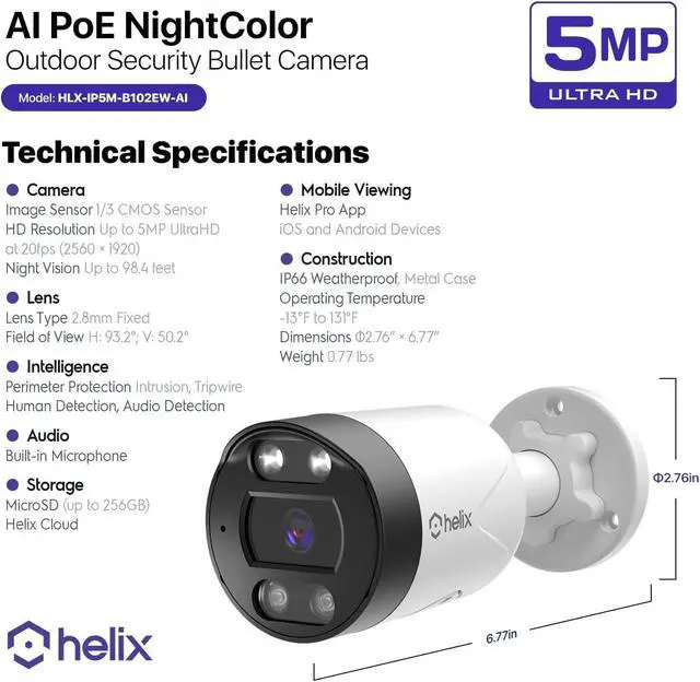 Alt view image 5 of 5 - Helix 5MP Outdoor IP Security PoE Camera, Human Detection, NDAA Compliant, IP Surveillance Bullet, 2-Way Audio, Support 256GB MicroSD, 98ft Night Color Vision, Deterrent, HLX-IP5M-B102EW-AI