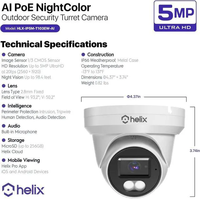 Alt view image 7 of 7 - Helix 5MP Security AI IP PoE Camera, 98ft Night Color, Human Detection, NDAA Compliant, Indoor Outdoor Surveillance Turret, Built in Mic, Support 256GB MicroSD, Deterrent, HLX-IP5M-T103EW-AI