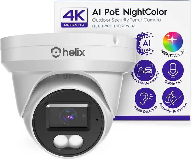 Main image of Helix 4K/8-MP Security AI IP PoE Camera, 98ft Night Color, Human Detection, NDAA Compliant, Indoor Outdoor Surveillance Turret, Built in Mic, Support 256GB MicroSD, Deterrent, HLX-IP8M-T303EW-AI