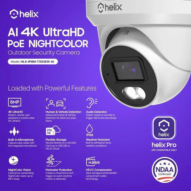 Alt view image 2 of 7 - Helix 4K/8-MP Security AI IP PoE Camera, 98ft Night Color, Human Detection, NDAA Compliant, Indoor Outdoor Surveillance Turret, Built in Mic, Support 256GB MicroSD, Deterrent, HLX-IP8M-T303EW-AI