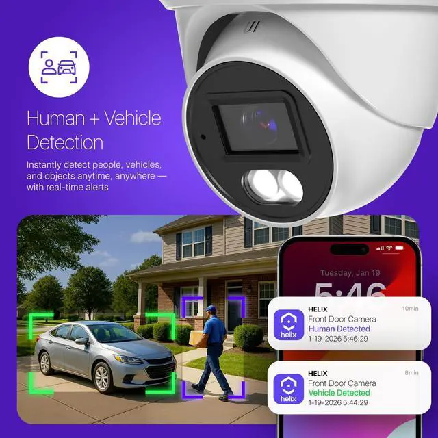 Alt view image 4 of 7 - Helix 4K/8-MP Security AI IP PoE Camera, 98ft Night Color, Human Detection, NDAA Compliant, Indoor Outdoor Surveillance Turret, Built in Mic, Support 256GB MicroSD, Deterrent, HLX-IP8M-T303EW-AI