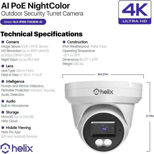 Alt view image 7 of 7 - Helix 4K/8-MP Security AI IP PoE Camera, 98ft Night Color, Human Detection, NDAA Compliant, Indoor Outdoor Surveillance Turret, Built in Mic, Support 256GB MicroSD, Deterrent, HLX-IP8M-T303EW-AI
