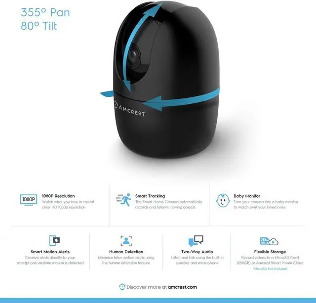 Alt view image 2 of 16 - Amcrest 1080P WiFi Camera Indoor, Nanny Cam, Dog Camera, Sound & Baby Monitor, Human & Pet Detection, Motion-Tracking, w/ 2-Way Audio, Phone App, Pan/Tilt Wireless IP Camera, Night Vision, Smart Home