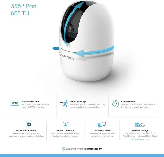 Alt view image 2 of 7 - Amcrest 1080P WiFi Camera Indoor, Nanny Cam, Dog Camera, Sound & Baby Monitor, Human & Pet Detection, Motion-Tracking, w/ 2-Way Audio, Phone App, Pan/Tilt Wireless IP Camera, Night Vision, Smart Home