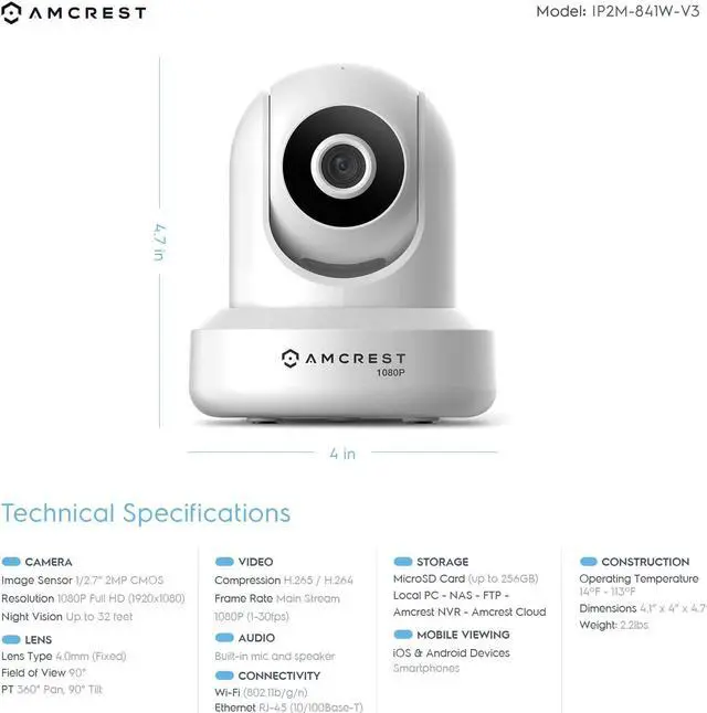 Alt view image 3 of 8 - Amcrest 1080p WiFi Camera Indoor, 2MP Pan/Tilt Home Security Camera, Auto-Tracking, Motion & Audio Detection, Privacy Mode, Enhanced Browser Compatibility, H.265, Two-Way Talk IP2M-841W-V3 (White)