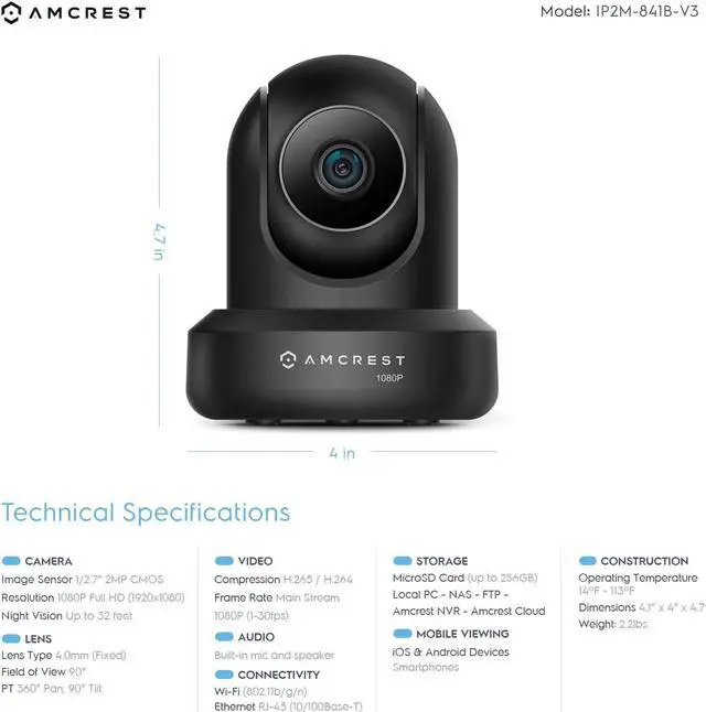 Alt view image 3 of 8 - Amcrest 1080p WiFi Camera Indoor, 2MP Pan/Tilt Home Security Camera, Auto-Tracking, Motion & Audio Detection, Privacy Mode, Enhanced Browser Compatibility, H.265, Two-Way Talk IP2M-841B-V3 (Black)