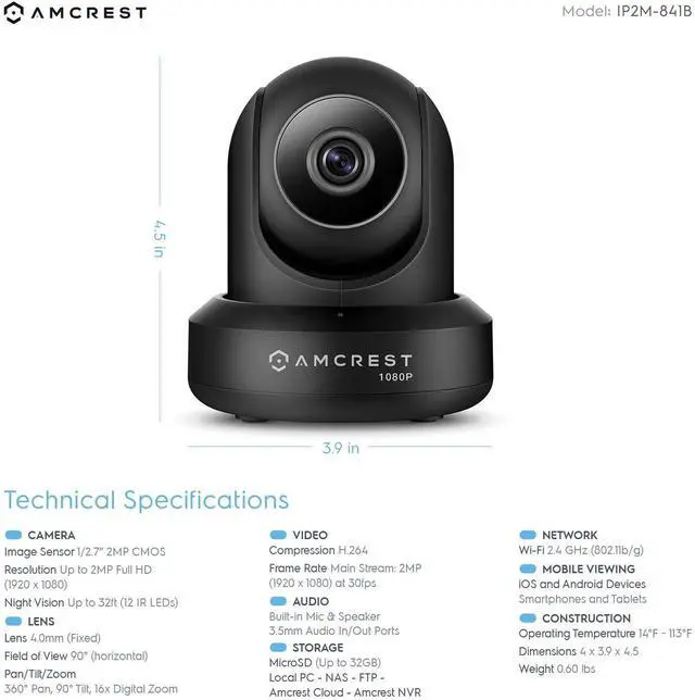Alt view image 3 of 14 - Amcrest ProHD 1080P WiFi Camera 2MP (1920TVL) Indoor Pan/Tilt Security Wireless IP Camera IP2M-841B (Black)
