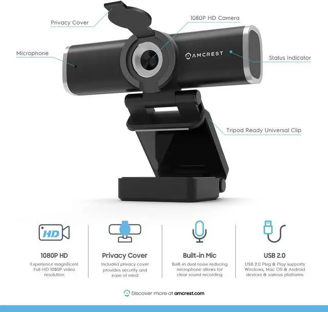 Alt view image 2 of 6 - Amcrest 1080P Webcam with Microphone & Privacy Cover, Web Cam USB Camera, Computer HD Streaming Webcam for PC Desktop & Laptop w/Mic, Wide Angle Lens & Large Sensor for Superior Low Light (AWC195-B)