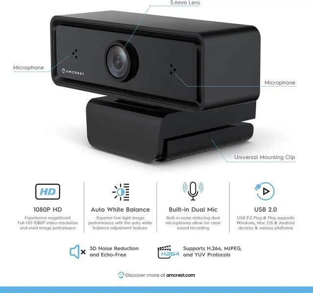 Alt view image 2 of 7 - Amcrest Dual-Mic 1080P Webcam with Two Microphones for Enhanced Audio & 3D Noise Cancellation, Web Cam USB Computer Camera for PC Desktop & Laptop, Auto-White Balance for Superior Low Light, (AWC2198)