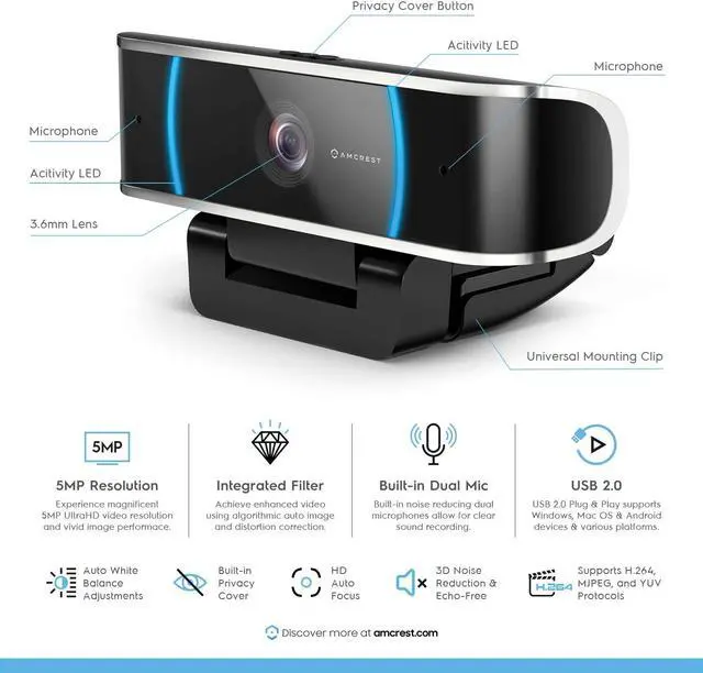Alt view image 2 of 7 - Amcrest 5-Megapixel Webcam with Microphone, Web Cam USB Camera, Computer HD Streaming Webcam for PC Desktop & Laptop w/Mic, Wide Angle Lens & Large Sensor for Superior Low Light (AWC5100)