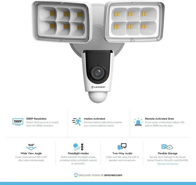 Alt view image 2 of 15 - Amcrest SmartHome 1080p WiFi Outdoor Security Camera with Floodlight, Built-in Siren Alarm, 2000lm Floodlight, Two-Way Audio, 114° View, IP65 Weatherproof, MicroSD & Smart Cloud Storage, ASH26-W