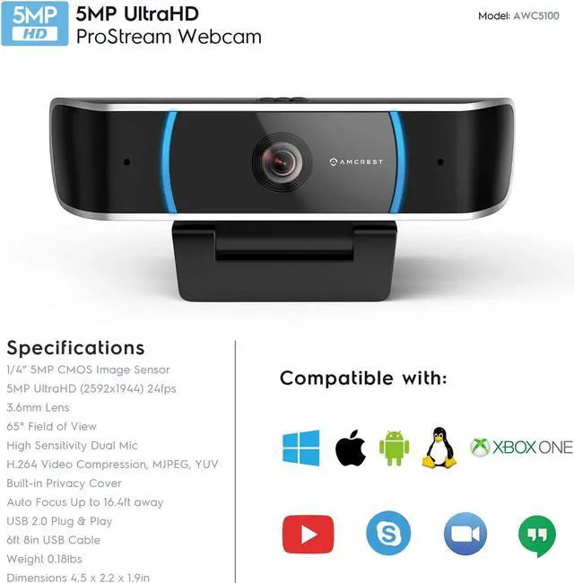 Alt view image 7 of 7 - Amcrest 5-Megapixel Webcam with Microphone, Web Cam USB Camera, Computer HD Streaming Webcam for PC Desktop & Laptop w/Mic, Wide Angle Lens & Large Sensor for Superior Low Light (AWC5100)