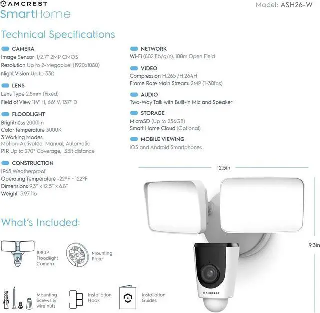 Alt view image 5 of 15 - Amcrest SmartHome 1080p WiFi Outdoor Security Camera with Floodlight, Built-in Siren Alarm, 2000lm Floodlight, Two-Way Audio, 114° View, IP65 Weatherproof, MicroSD & Smart Cloud Storage, ASH26-W