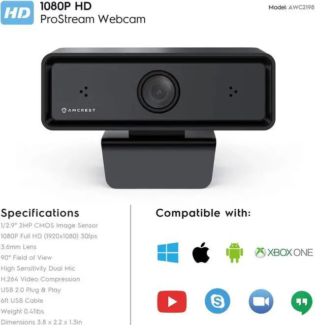 Alt view image 6 of 7 - Amcrest Dual-Mic 1080P Webcam with Two Microphones for Enhanced Audio & 3D Noise Cancellation, Web Cam USB Computer Camera for PC Desktop & Laptop, Auto-White Balance for Superior Low Light, (AWC2198)
