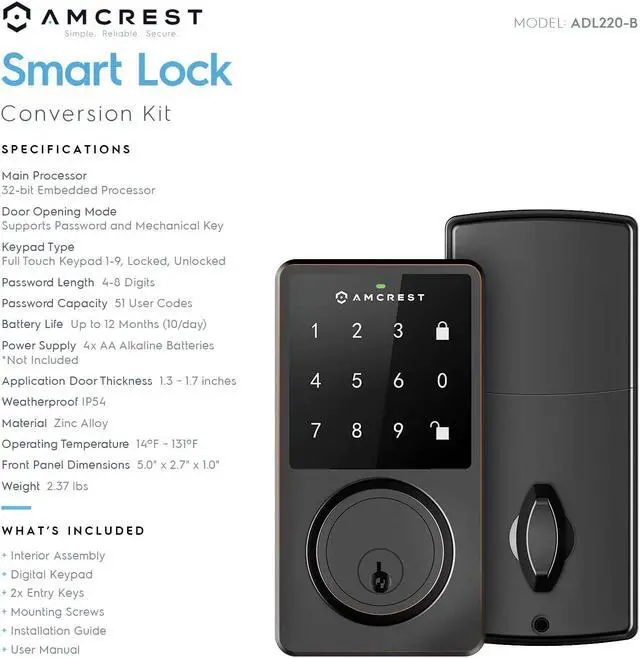 Alt view image 4 of 6 - Amcrest Smart Lock ADL220-B Contemporary Digital Keypad Single Cylinder Deadbolt with Automatic Motorized Locking, Zinc Alloy