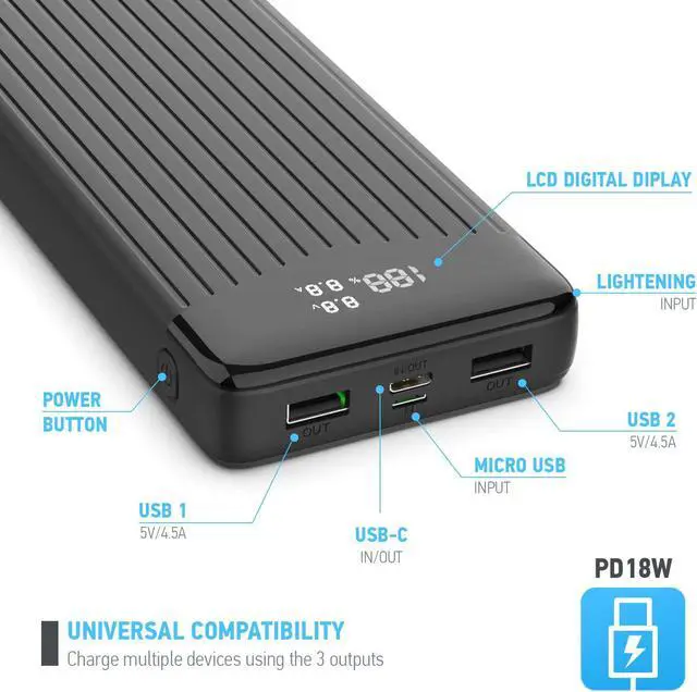 Alt view image 2 of 6 - Amcrest USB C Power Bank, 26800mAh Portable Charger USB C, Power Bank Fast Charging 22W PD 3.0, Type C Battery Bank Powerbank with LED Display for Android & iOS Smartphone Devices, and More
