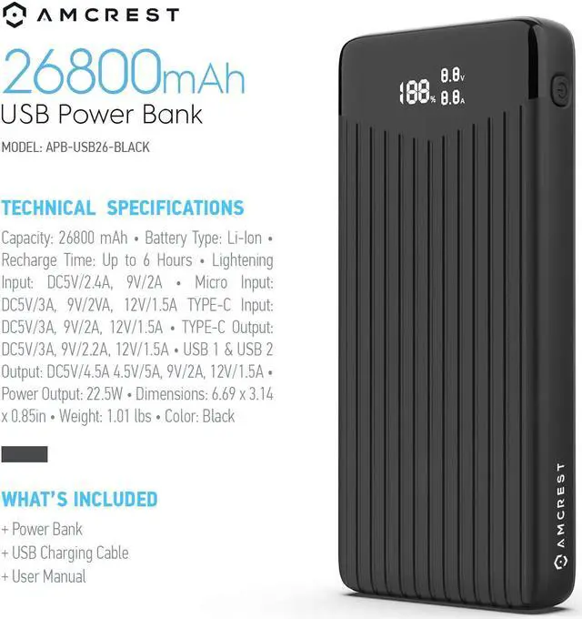 Alt view image 4 of 6 - Amcrest USB C Power Bank, 26800mAh Portable Charger USB C, Power Bank Fast Charging 22W PD 3.0, Type C Battery Bank Powerbank with LED Display for Android & iOS Smartphone Devices, and More