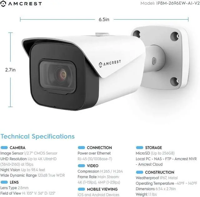 Alt view image 7 of 7 - Amcrest 4K Security Camera System w/ 4K (8MP) 8CH PoE NVR, (4) x 4K (8-Megapixel) IP67 Weatherproof Metal Bullet POE IP Cameras, Pre-Installed 2TB Hard Drive, NV4108E-IP8M-2496EW4-2TB (White)