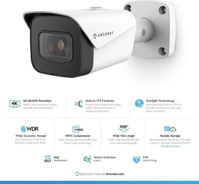 Alt view image 2 of 6 - 2-Pack Amcrest UltraHD 4K (8MP) Bullet POE IP Camera, 3840x2160, 131ft NightVision, 2.8mm Lens, IP67 Weatherproof, MicroSD Recording, White (2PACK-IP8M-2496EW)