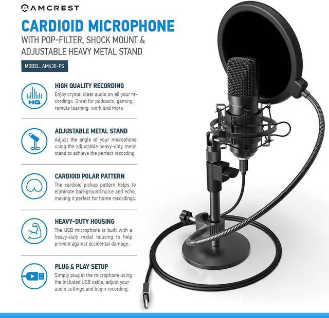 Alt view image 2 of 8 - Amcrest Podcast Microphone for Streaming, Voice Recording, Gaming, Conferences, Meetings - Included Pop-Filter, Shock Mount, & Adjustable Heavy Metal Stand, USB AM430-PS