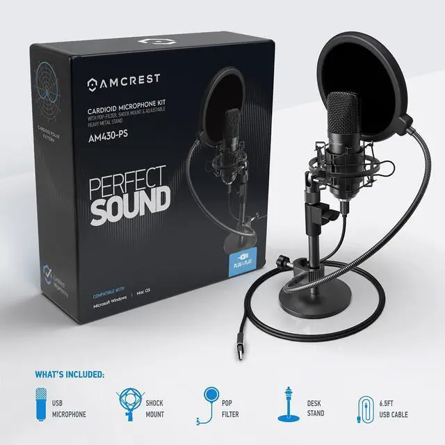 Alt view image 7 of 8 - Amcrest Podcast Microphone for Streaming, Voice Recording, Gaming, Conferences, Meetings - Included Pop-Filter, Shock Mount, & Adjustable Heavy Metal Stand, USB AM430-PS