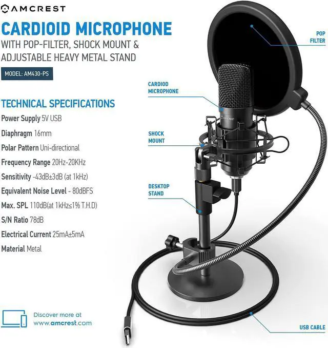 Alt view image 6 of 8 - Amcrest Podcast Microphone for Streaming, Voice Recording, Gaming, Conferences, Meetings - Included Pop-Filter, Shock Mount, & Adjustable Heavy Metal Stand, USB AM430-PS