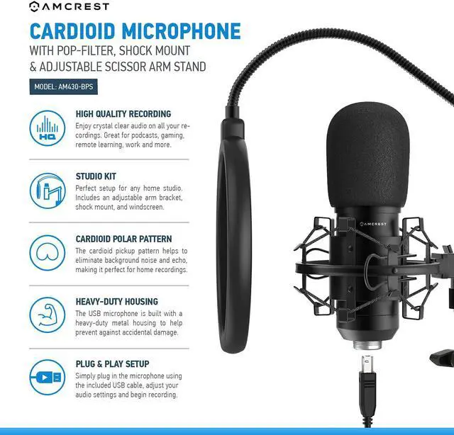 Alt view image 2 of 6 - Amcrest USB Microphone for Voice Recordings, Podcasts, Gaming, Online Conferences, Live Streaming, Cardioid Microphone with Boom Arm, Pop-Filter, Shock Mount, AM430-BPS