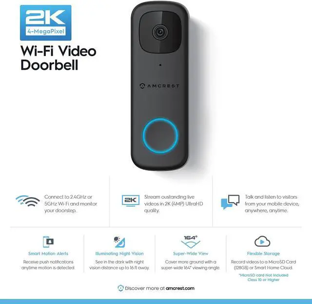 Alt view image 2 of 7 - Amcrest 4MP Video Doorbell Camera Pro, Outdoor Smart Home 2.4GHz and 5GHz Wireless WiFi Doorbell Camera, Micro SD Card, AI Human Detection, IP65 Weatherproof, 2-Way Audio, 164º Wide-Angle Wi-Fi AD410