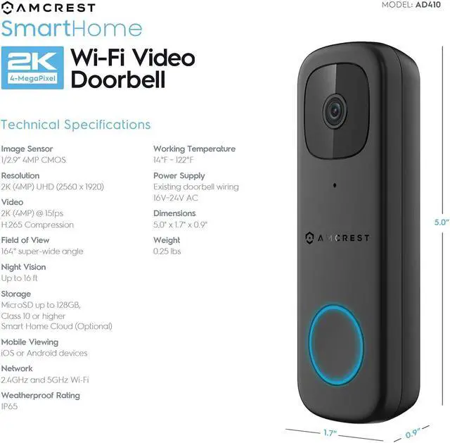 Alt view image 6 of 7 - Amcrest 4MP Video Doorbell Camera Pro, Outdoor Smart Home 2.4GHz and 5GHz Wireless WiFi Doorbell Camera, Micro SD Card, AI Human Detection, IP65 Weatherproof, 2-Way Audio, 164º Wide-Angle Wi-Fi AD410