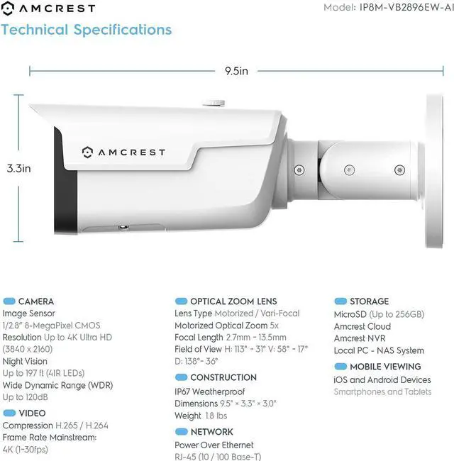Alt view image 3 of 7 - Amcrest 4K Optical Zoom IP Camera, Varifocal 8MP Outdoor POE Camera Bullet, Security Camera, 2.7mm~13.5mm Lens, IP67 Weatherproof, MicroSD Recording, (IP8M-VB2896EW-AI)