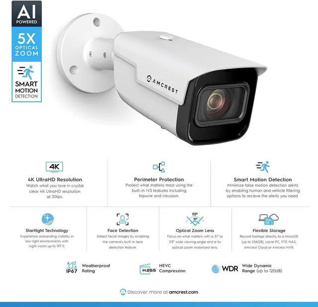 Alt view image 2 of 7 - Amcrest 4K Optical Zoom IP Camera, Varifocal 8MP Outdoor POE Camera Bullet, Security Camera, 2.7mm~13.5mm Lens, IP67 Weatherproof, MicroSD Recording, (IP8M-VB2896EW-AI)