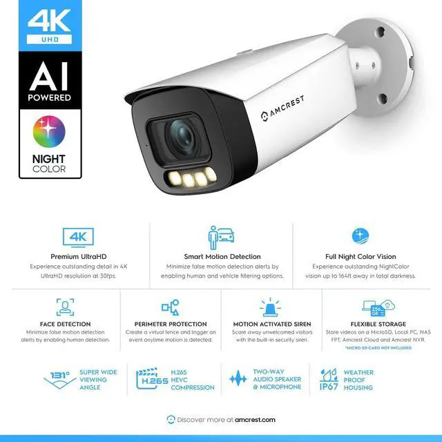 Alt view image 2 of 7 - Amcrest Night Color AI Bullet IP PoE Camera w/ 164ft Full Color Nightvision, Security IP Camera Outdoor, Built-in Microphone, Face Detection, Human & Vehicle Detection, 4K@30fps IP8M-TB2886EW-AI