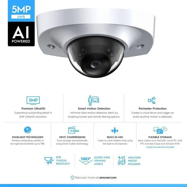 Alt view image 2 of 7 - amcrest 5-megapixel wedge ip poe ai camera, security ip camera outdoor, built-in microphone, human & vehicle detection, perimeter protection, 98ft night vision, 130 fov, 5mp@20fps ip5m-w1150ew-ai