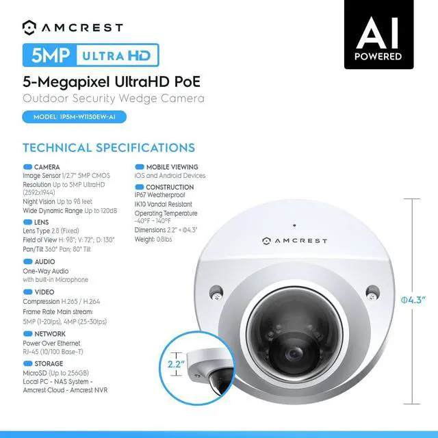 Alt view image 7 of 7 - amcrest 5-megapixel wedge ip poe ai camera, security ip camera outdoor, built-in microphone, human & vehicle detection, perimeter protection, 98ft night vision, 130 fov, 5mp@20fps ip5m-w1150ew-ai