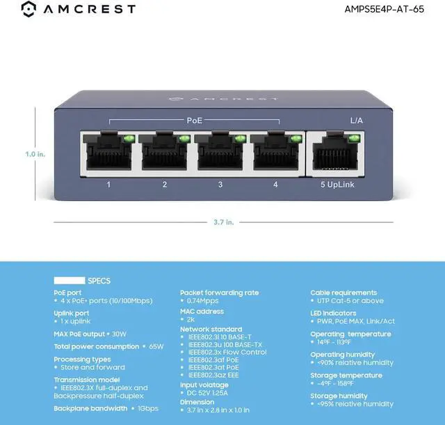 Alt view image 4 of 4 - Amcrest AMPS5E4P-At-65 5-Port PoE+ Power Over Ethernet Poe Switch