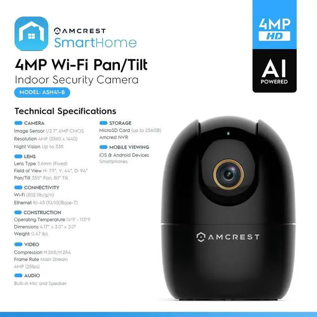 Alt view image 7 of 8 - Amcrest 4MP WiFi Camera Indoor, Dog Camera, Sound & Baby Monitor, Human & Pet Detection, Motion-Tracking, w/ 2-Way Audio, Pan/Tilt Wireless IP Camera, Night Vision, Smart Home ASH41-B