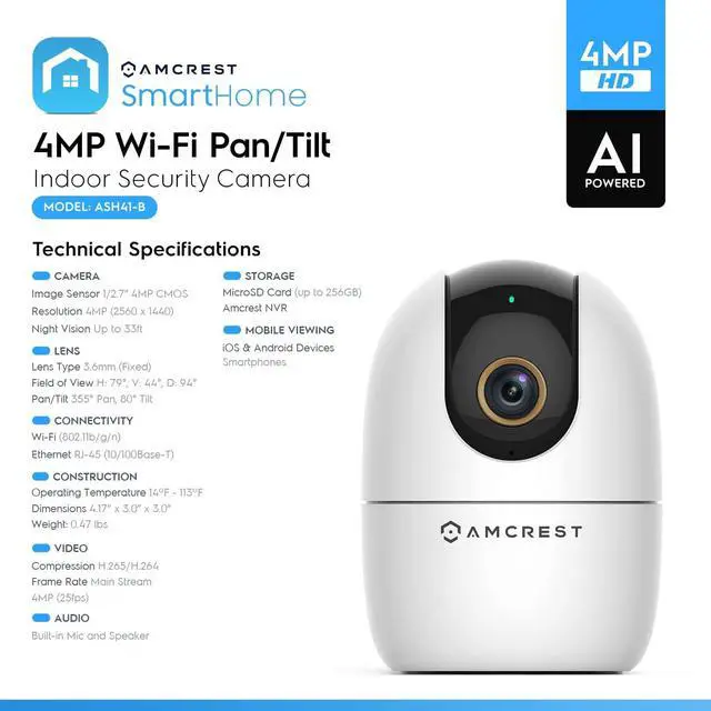 Alt view image 7 of 7 - Amcrest 4MP WiFi Camera Indoor, Dog Camera, Sound & Baby Monitor, Human & Pet Detection, Motion-Tracking, w/ 2-Way Audio, Phone App, Pan/Tilt Wireless IP Camera, Night Vision, Smart Home ASH41-W