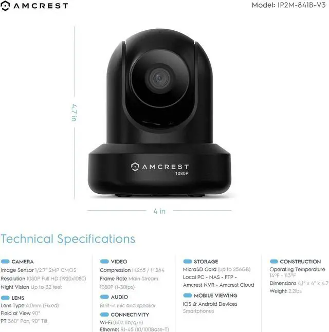 Alt view image 3 of 7 - Amcrest ProHD 1080P WiFi 2MP (1920TVL) Indoor Pan/Tilt Security Wireless IP Camera REP-IP2M-841B (Black) (Refurbished)