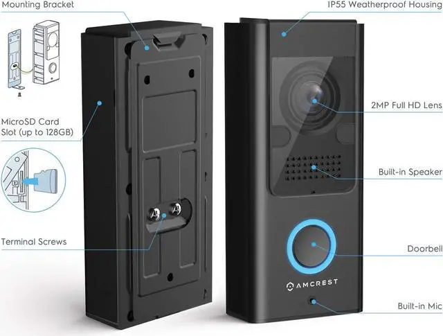 Alt view image 3 of 7 - Amcrest 1080P Video Doorbell Camera Pro, Outdoor Smart Home 2.4GHz WiFi Doorbell Camera (Wired Power), MicroSD Card, PIR Motion Detect, RTSP, IP55 Weatherproof, 140º Wide-Angle (Refurbished) REP-AD110