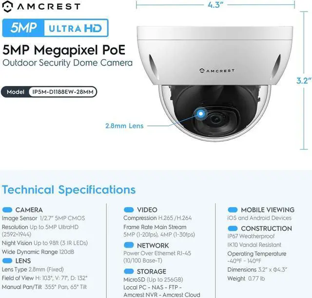 Alt view image 4 of 6 - Amcrest 5MP POE Camera, Outdoor Vandal Dome Security POE IP Camera, 5MP, 98ft NightVision, 2.8mm Lens, IP67, IK10 Resistance, MicroSD 256GB (Sold Separately), (REP-IP5M-D1188EW-28MM) (Refurbished)