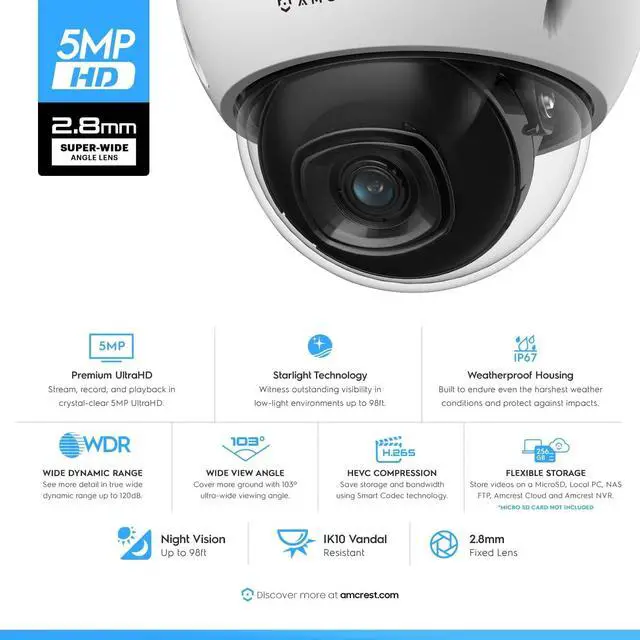 Alt view image 2 of 6 - Amcrest 5MP POE Camera, Outdoor Vandal Dome Security POE IP Camera, 5MP, 98ft NightVision, 2.8mm Lens, IP67, IK10 Resistance, MicroSD 256GB (Sold Separately), (REP-IP5M-D1188EW-28MM) (Refurbished)