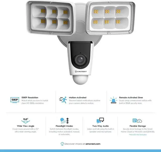 Alt view image 2 of 7 - Amcrest Floodlight Camera, Smart Home 1080P Security Outdoor Camera Wireless WiFi with Flood Light, Built-in Siren Alarm, 114° View, IP65 Waterproof, MicroSD & Cloud Storage, REP-ASH26-W (Refurbished)