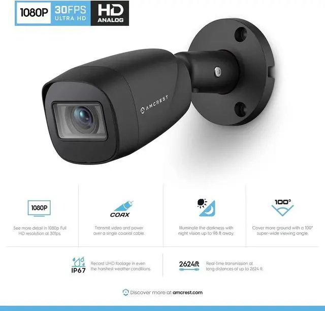 Alt view image 3 of 7 - Amcrest Full HD 1080P 1920TVL Bullet Outdoor Security Camera (Quadbrid 4in1 HD-CVI/TVI/AHD/Analog), 2MP 1920x1080, 98ft Night Vision, 3.6mm Lens 90° Viewing Angle, (AMC1081BC36-B) (Refurbished)