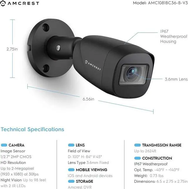 Alt view image 4 of 7 - Amcrest Full HD 1080P 1920TVL Bullet Outdoor Security Camera (Quadbrid 4in1 HD-CVI/TVI/AHD/Analog), 2MP 1920x1080, 98ft Night Vision, 3.6mm Lens 90° Viewing Angle, (AMC1081BC36-B) (Refurbished)